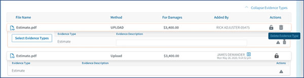 Screenshot of evidence types